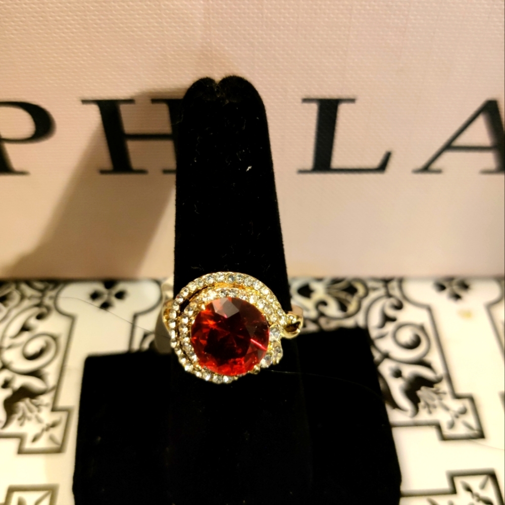 Round Red Labradorite With White Topaz  Yellow Gold Ring
